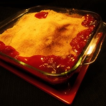 Cherry Pie in a square glass baking dish fresh from a Forno Nardona oven.