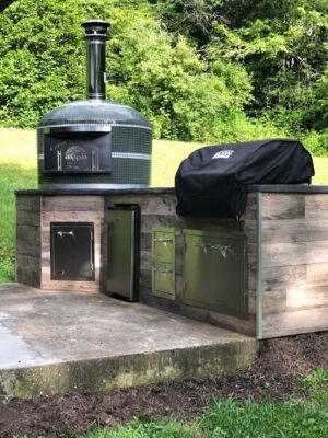 Forno Nardona Napoli model pizza oven installed with a rustic outdoor kitchen at a cabin in N.C.