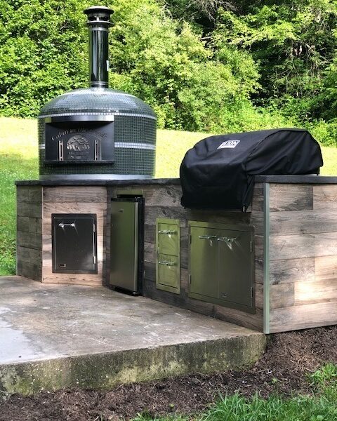 Forno Nardona Napoli model pizza oven installed with a rustic outdoor kitchen at a cabin in N.C.
