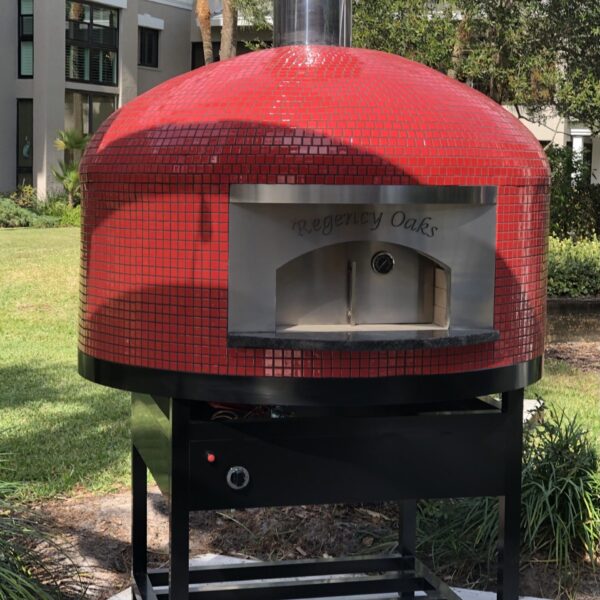 Red Tiled Commercial Napoli oven for Regency Oaks with black grout and black powder coated stand.