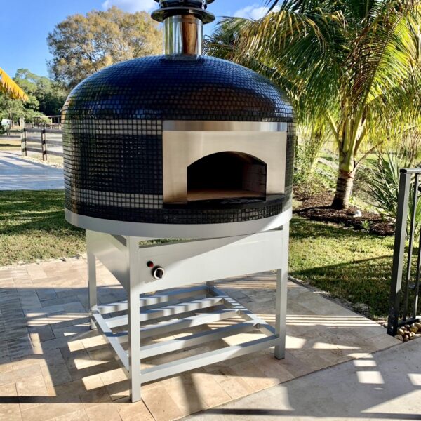 Forno Nardona Napoli oven with blank stainless face plate in grey with white triple stripes on white stainless stand with electronic burner.