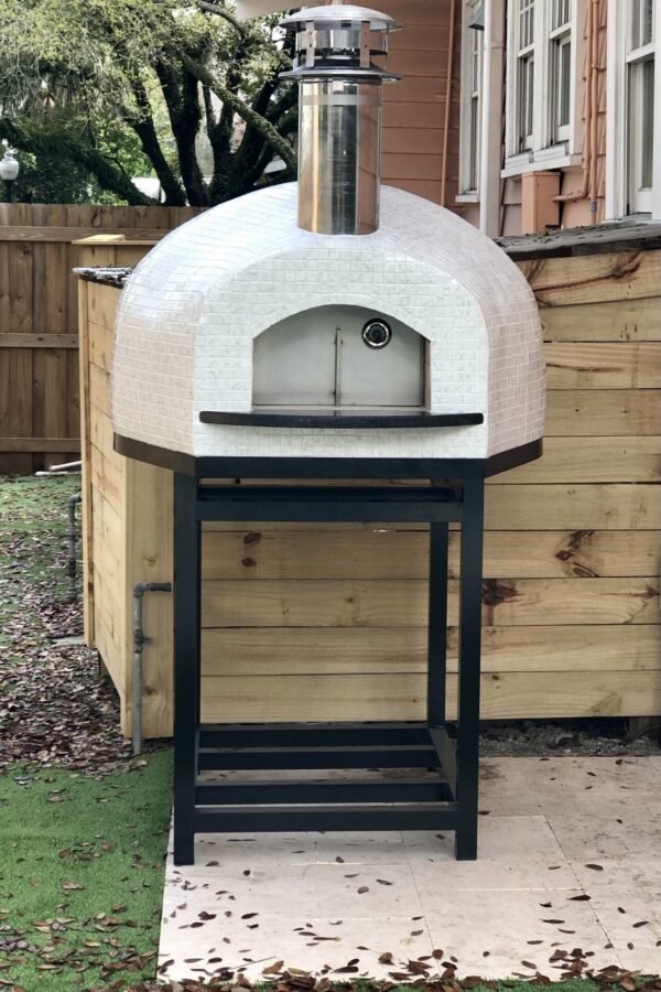 White tiled Forno Nardona Rustico pizza oven on black powder coated stand.