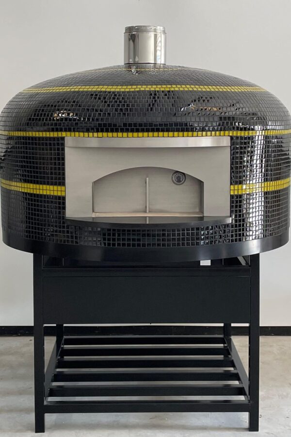 Forno Nardona 48" Commercial Napoli Oven on a black powder coated steel stand finished in back glass tile with yellow stripes.