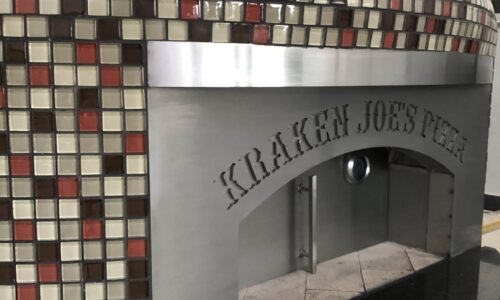 48" Commercial Nardona Napoli oven in multi color tile engraved Kraken Joe's Pizza