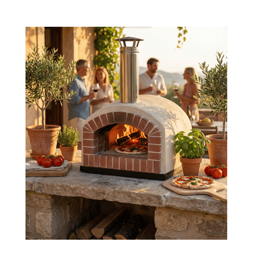 Custom Wood Fired Pizza Oven Guide: A Rustico pizza oven in the foreground with a fire inside and people conversing in the background.
