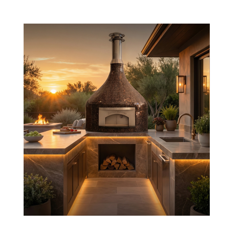 7 Outdoor Kitchen Design Trends for 2026: Copper Tiled Vesuvio in an outdoor kitchen setting with a solf sunset behind it.