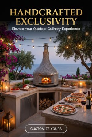 A Nardona Vesuvio in light tiles with a fire inside in an outdoor kitchen.