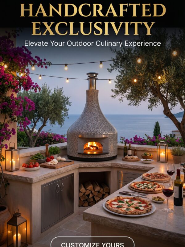 A Nardona Vesuvio in light tiles with a fire inside in an outdoor kitchen.