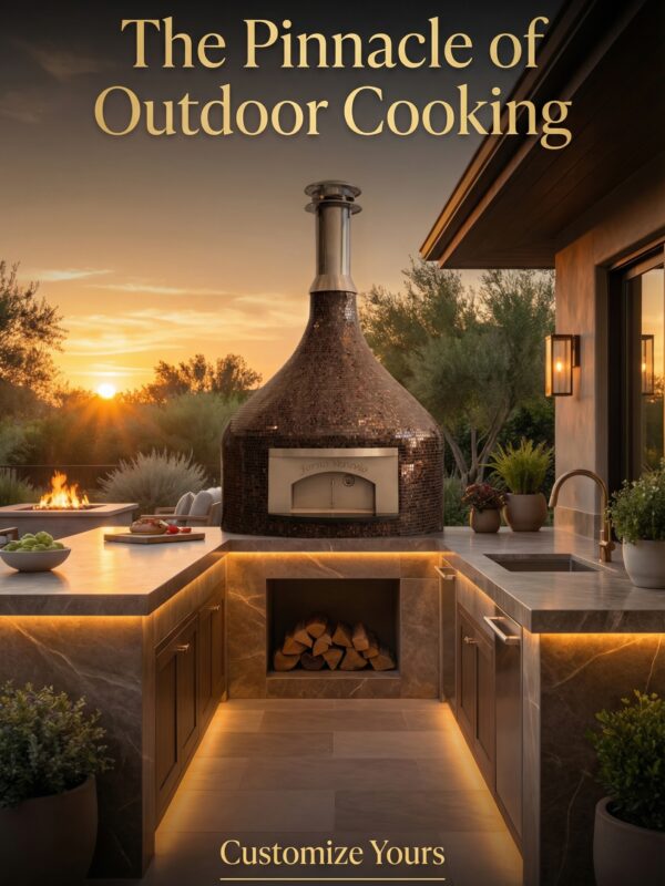 Copper Tiled Vesuvio in an outdoor kitchen setting with a solf sunset behind it.