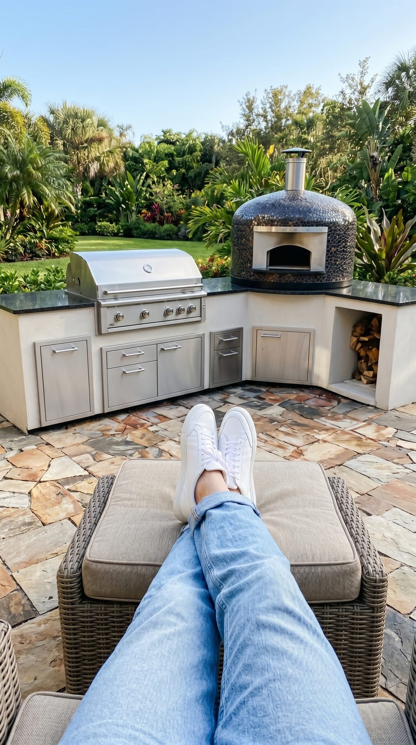 How to Customize a Pizza Oven like this outdoor kitchen with a pizza oven in the corner and a grill n the left and lots of doors and drawers plus wood storage